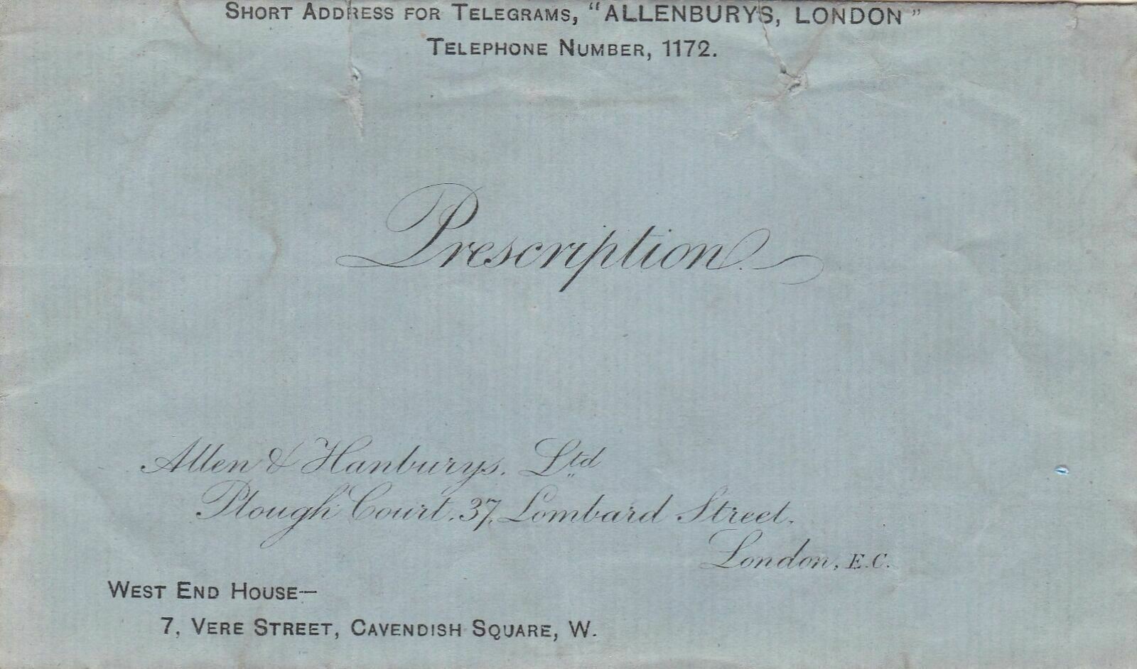 OLD ALLEN & HANBURYS LTD. London E.C. Chemists Prescription Envelope-TEARS 46632