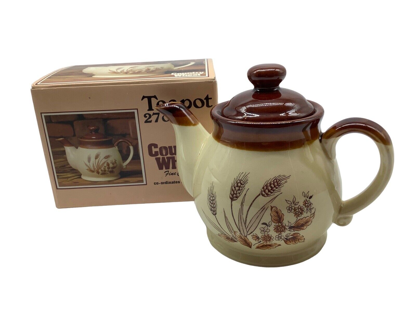 Country Wheat Ceramic Teapot 27oz with Box Vintage Teapot, NOS Serveware Teapots