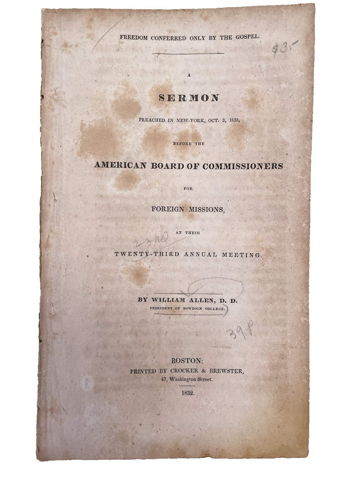 1832 Sermon William Allen NYC to American Board of Commissioners Christian ATQ