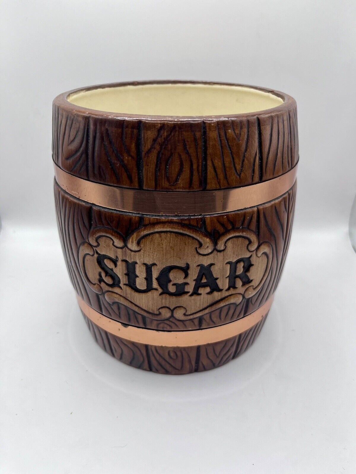 VTG 60s Treasure Craft Sugar Canister Ceramic Barrel W/ Copper Bands NO LID