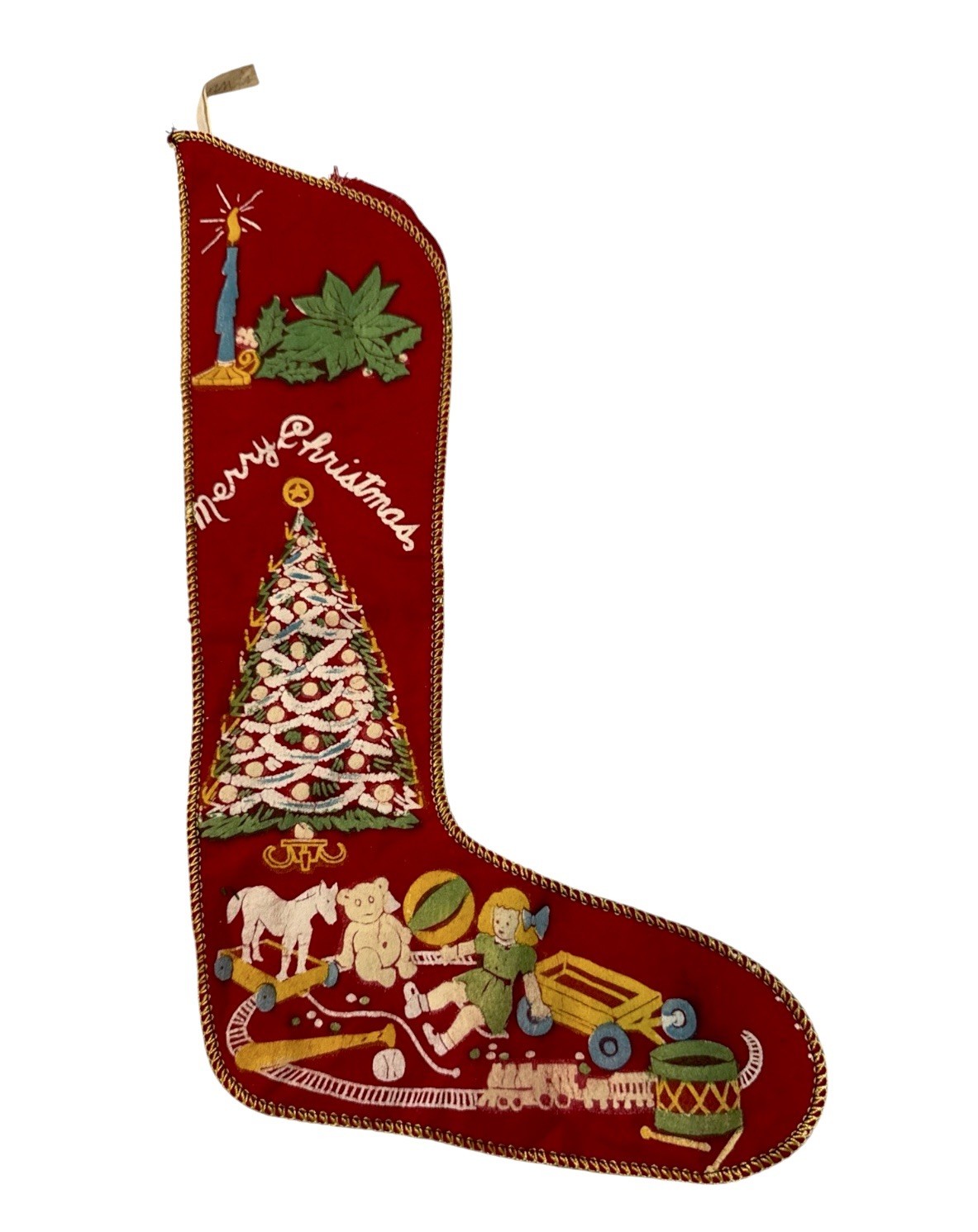 Vintage 1940s- 50s  Red Flannel Christmas Stocking toys, tree