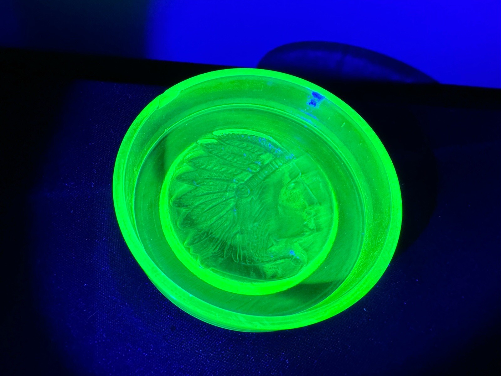 Vintage Uranium Vaseline Glass Indian Cheif Head Paperweight/Ashtray