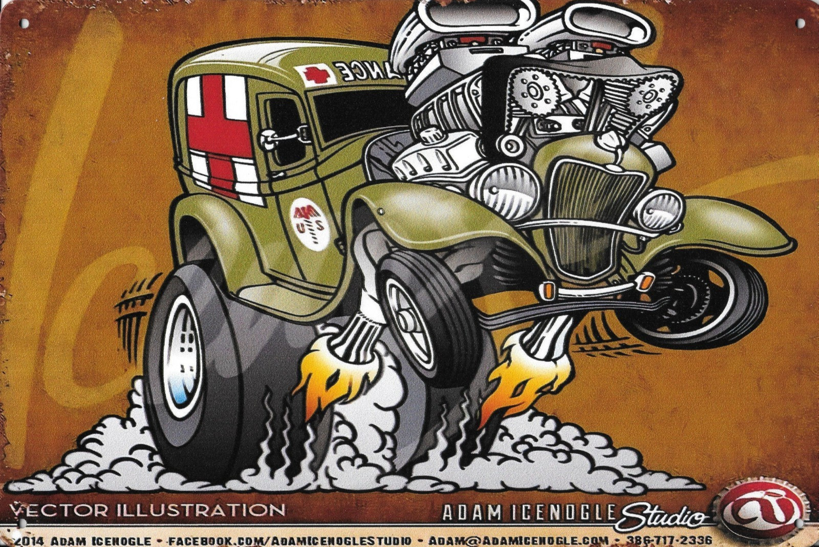 RETRO  RAT FINK  AMBULANCE ADAM ICENOGLE STUDIO Metal Sign 8x12