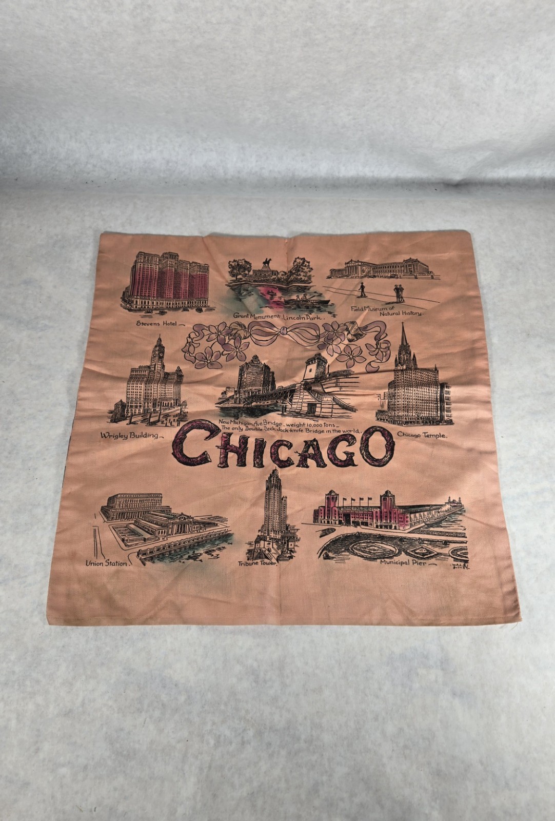 Antique 1924 Chicago Souvenir Pillow Sham Historic Sites Attractions Peach 16.5