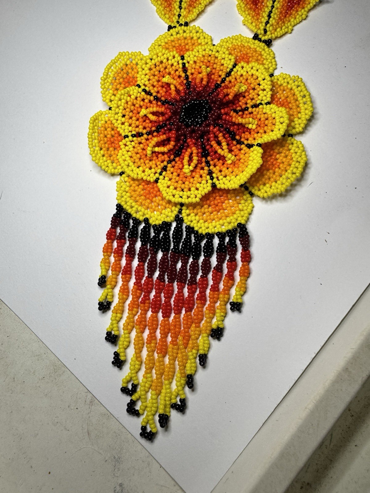 Huichol Wixárika Style Hand Beaded 3D Flower Necklace Fringe 19” Statement Huichol Wixárika Style Hand Beaded 3D Flower Necklace Fringe 19” Statement