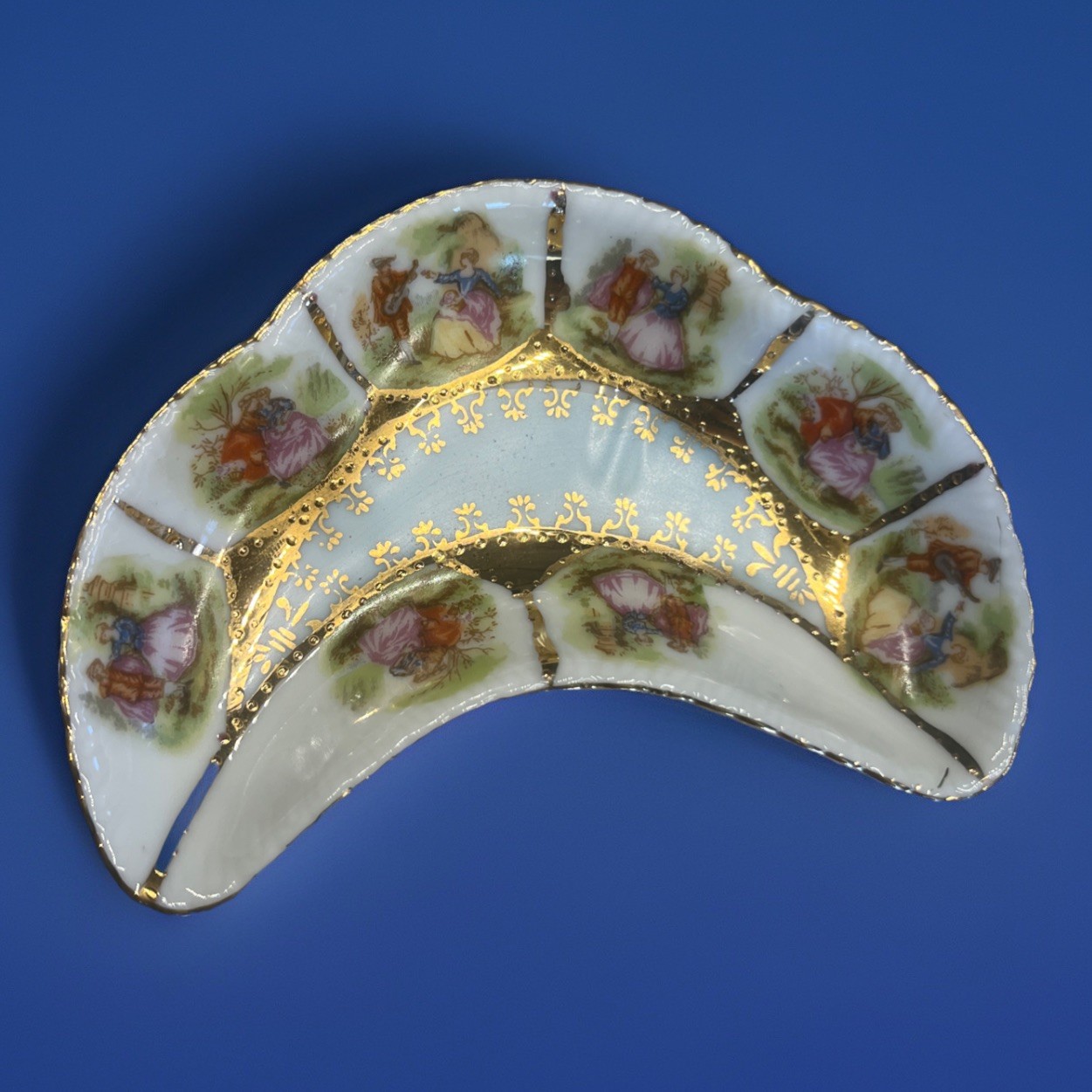 Vintage Arnat Creation Royal Vienna courting couple half-moon bone china dish