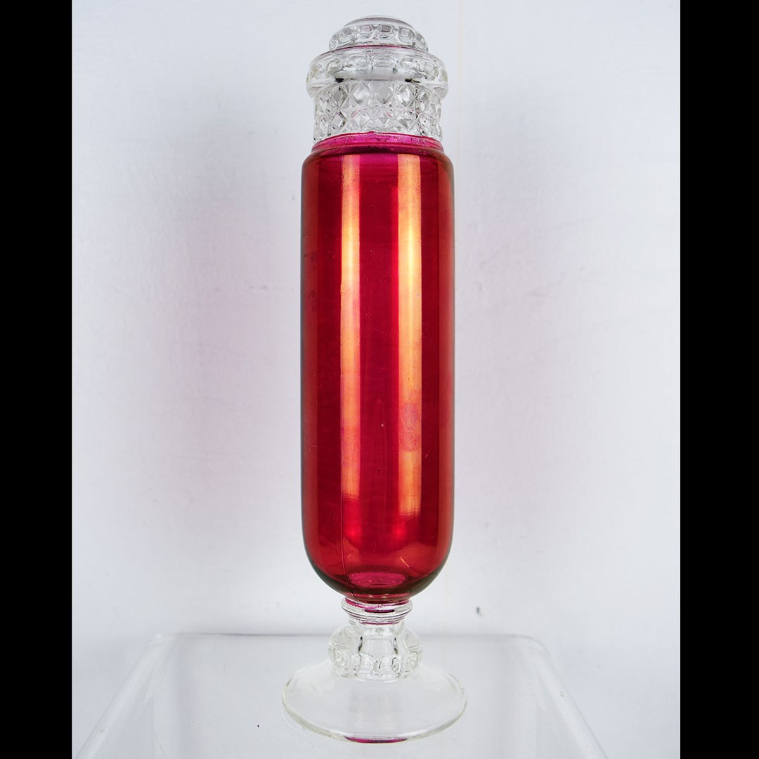 Ruby Flashed Straight Sided Apothecary Jar Scalloped Accents - 9.25 Inches Tall