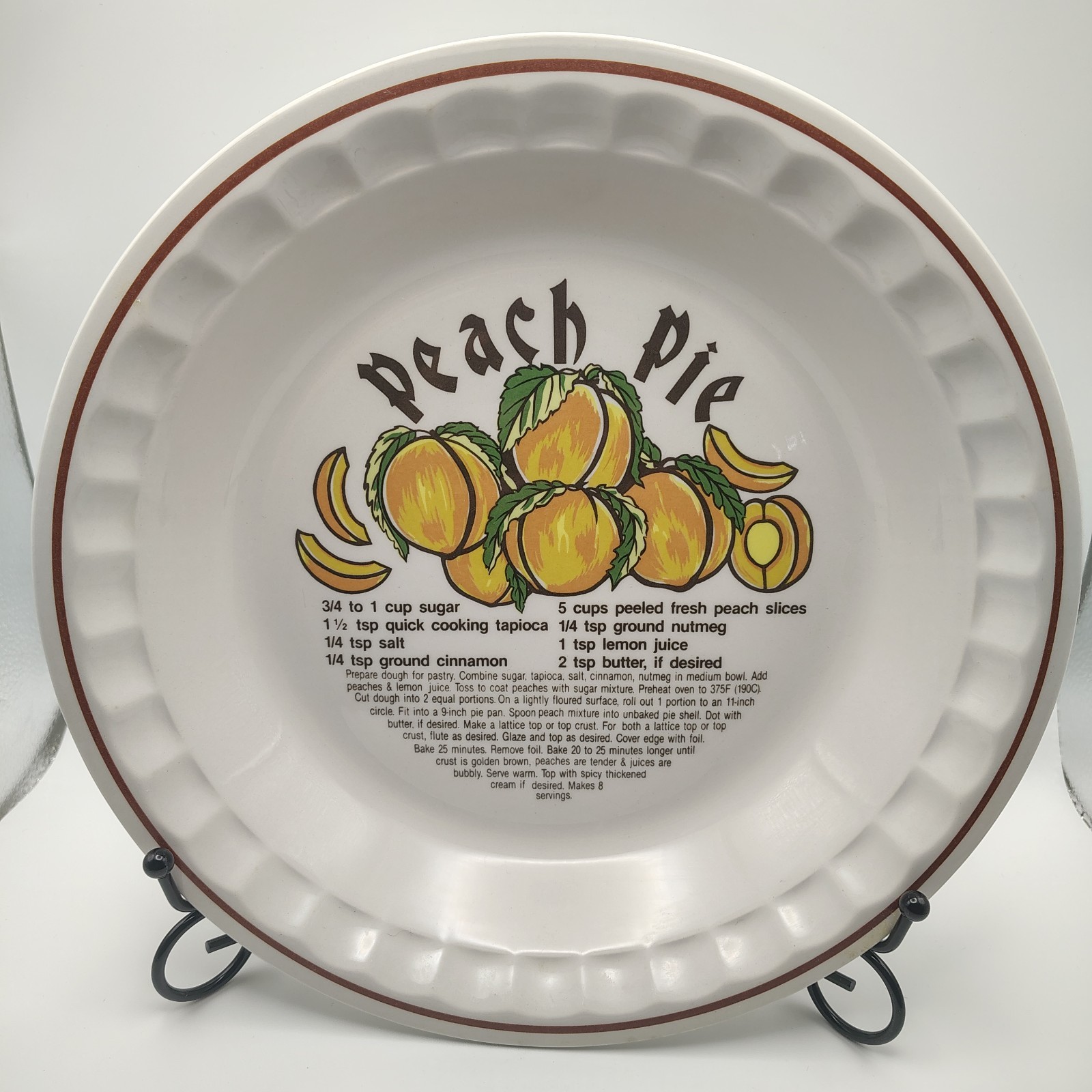 Vintage Peach Pie Recipe Ceramic Pie Plate Baking Dish Fluted Edge Korea