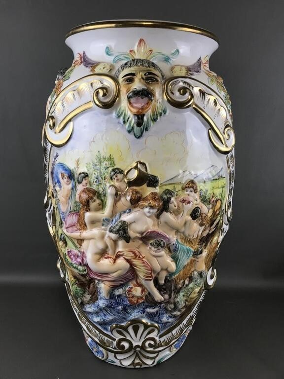 Vintage Large R. Capodimonte Italian Porcelain Floor Vase - Bacchus Cherub Mold
