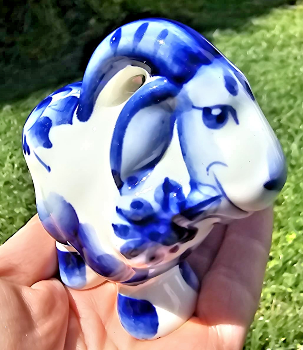 Gzhel Russian Sheep Ram Figurine Porcelain Zodiac Sign Horoscope Hand Painted Gzhel Russian Sheep Ram Figurine Porcelain Zodiac Sign Horoscope Hand Painted