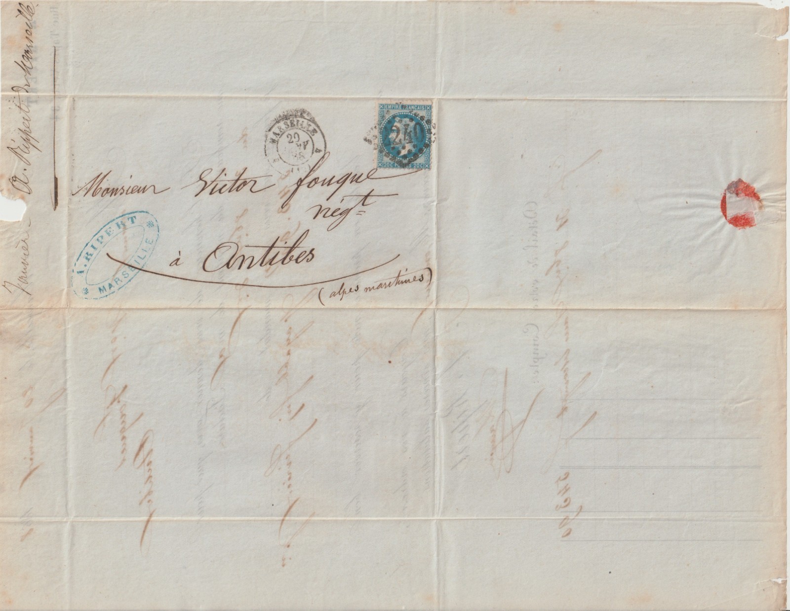1868 Vintage Business Letter A. Ripert Marseille Finance Invoice Draft