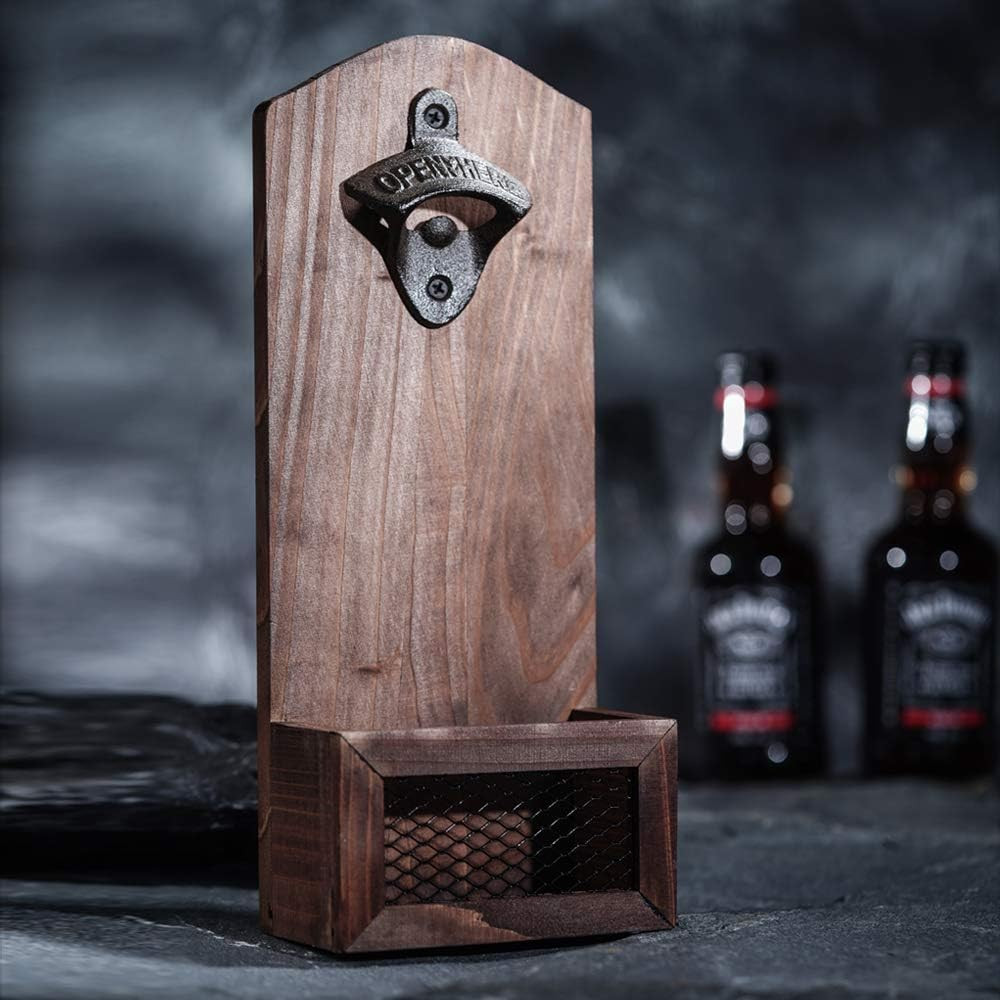 Bottle Opener with Cap Collector Catcher,Vintage Wooden Wall Mounted Bottle Open