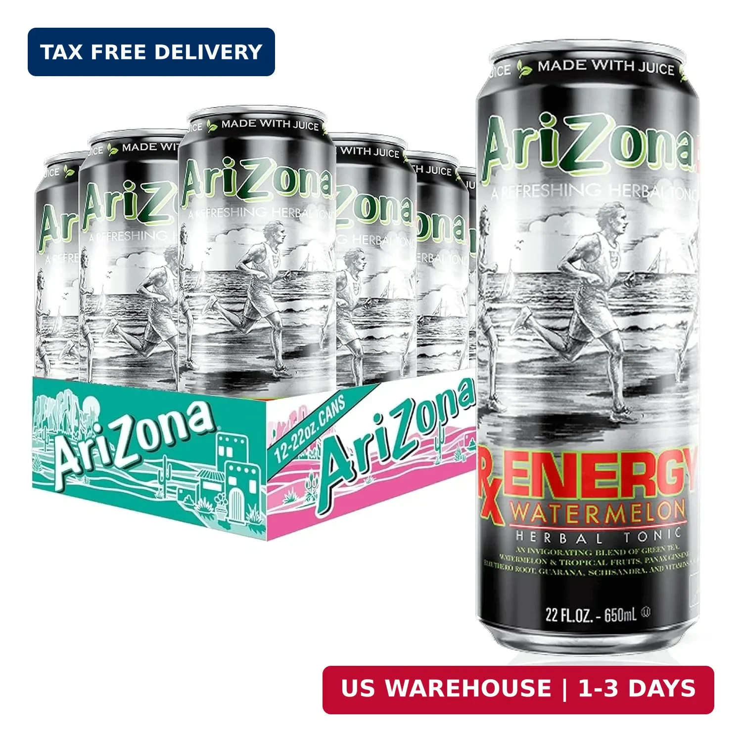 AriZona Rx Energy Watermelon Herbal Tonic - Big Can, 22 Fl Oz (12 Pack)