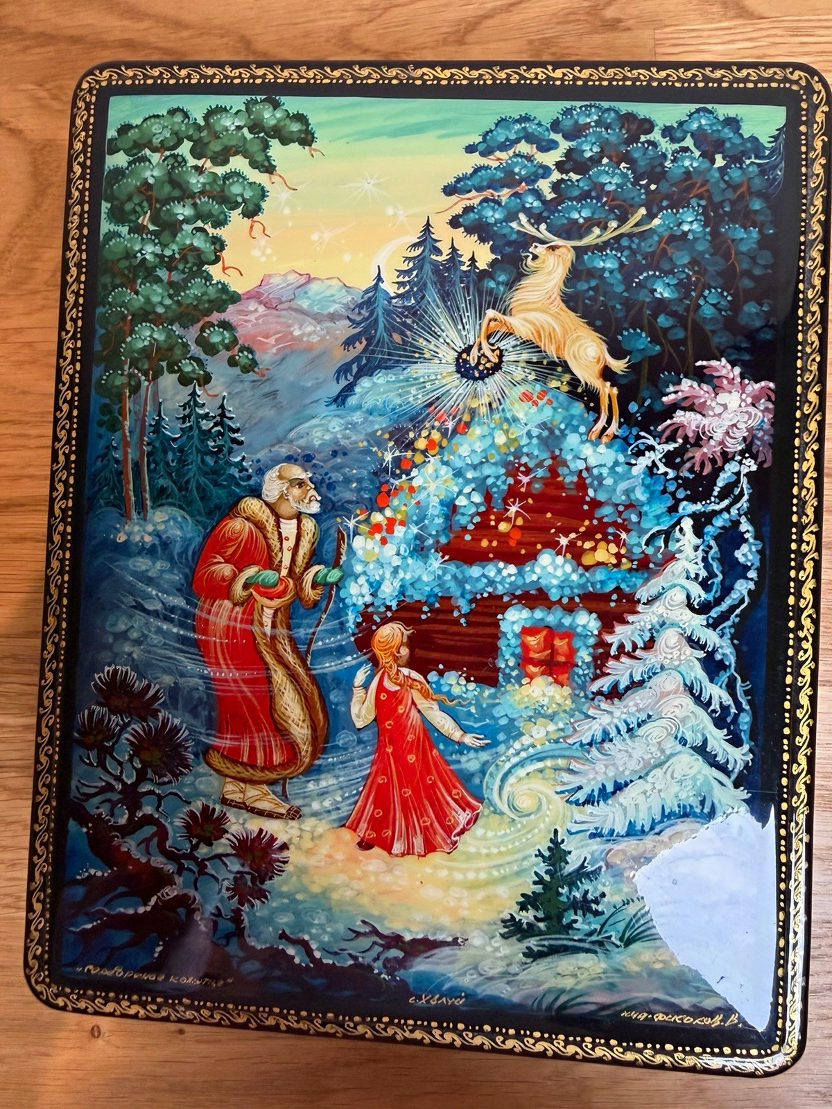 VTG Kholui  Russian Lacquer Box Silver Hoof Hand Painted Fairy Tale 
