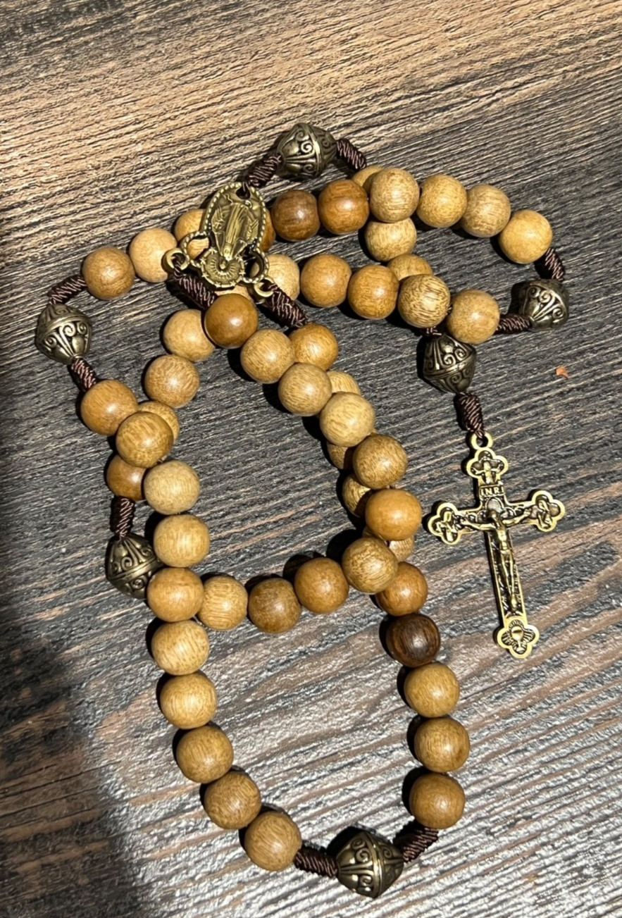 Handmade Brazilian Walnut Wooden Rosary Beads Miraculous Medal Handcrafted
