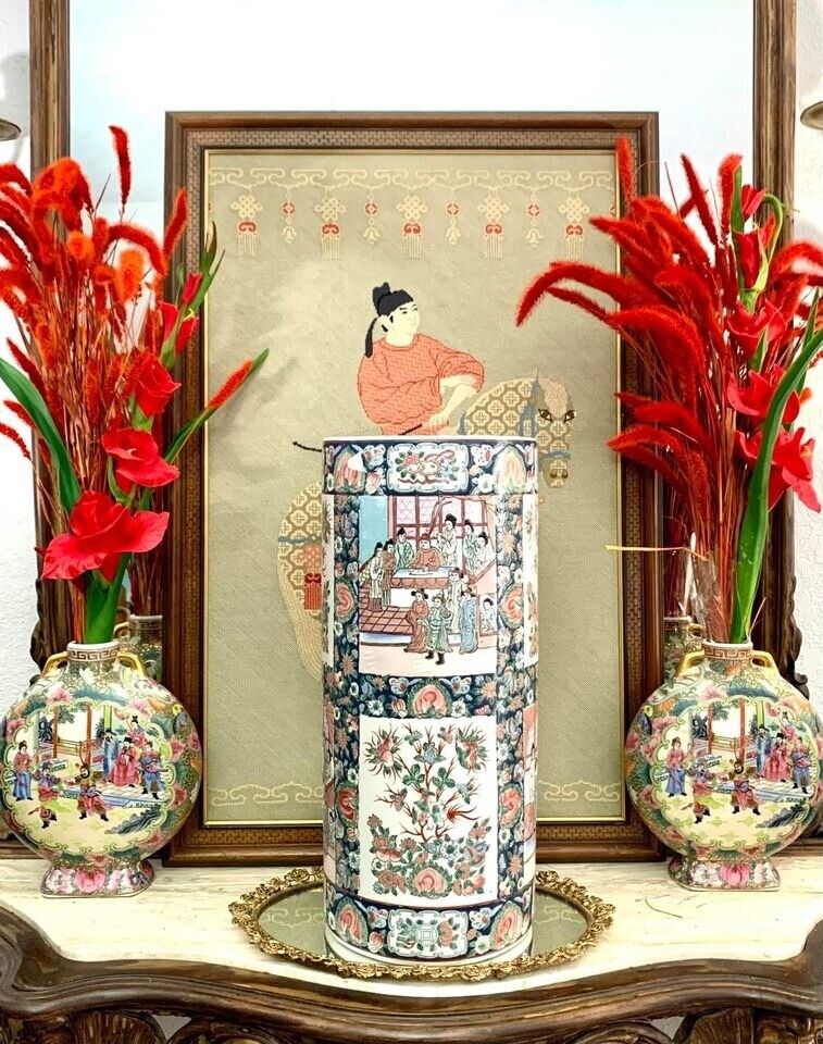 Rose Medallion Umbrella Stand / Porcelain Vase Vintage Oriental Style