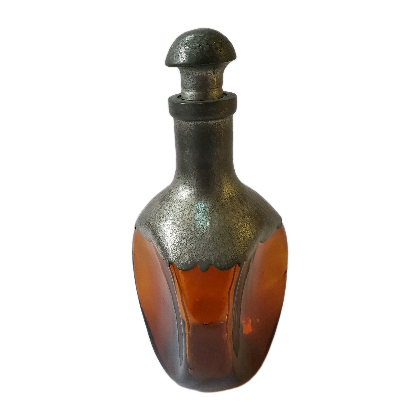 Vtg Royal Holland Daalderop Pinched Amber Glass & Hammered Pewter Decanter & Lid
