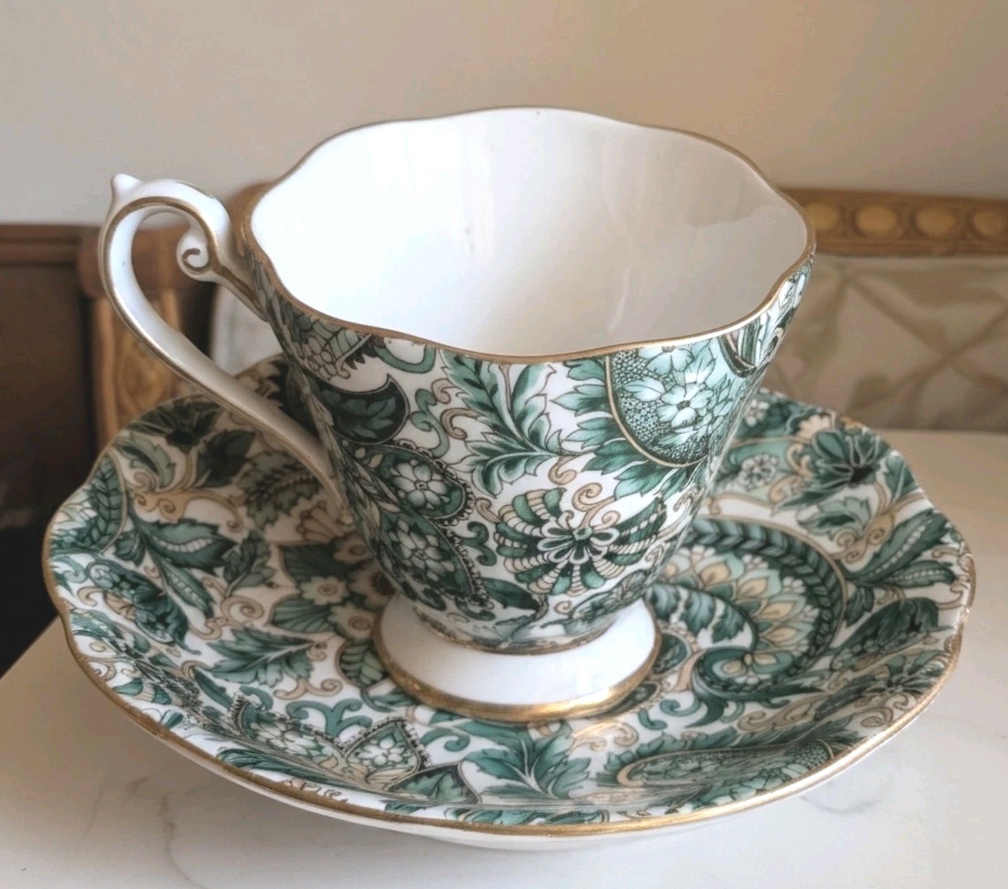 Vtg Royal Standard England Bone China Teacup/Saucer Green Paisley Design Gold  