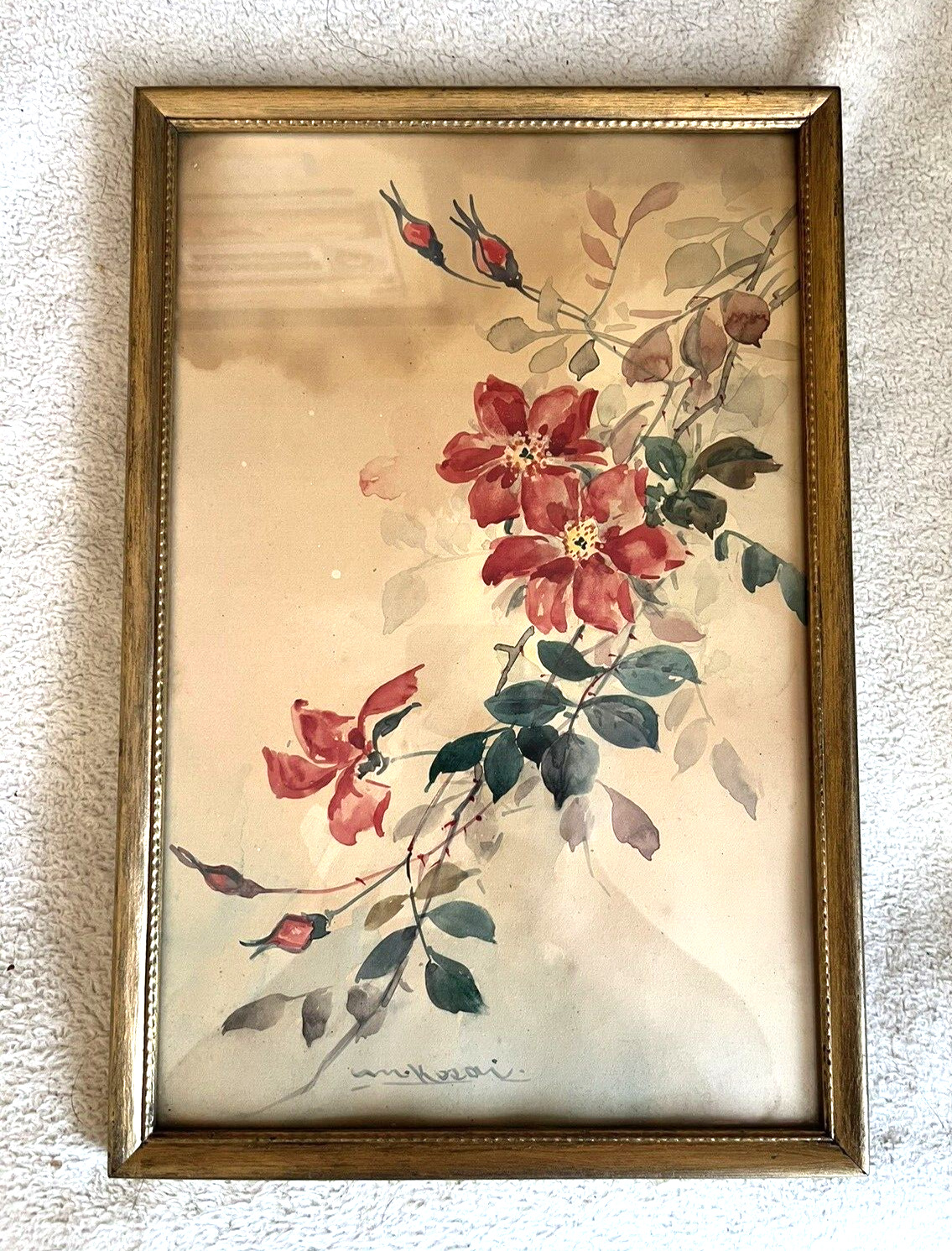 Antique Signed Asian Floral Watercolor Painting Gold Tone Framed 13