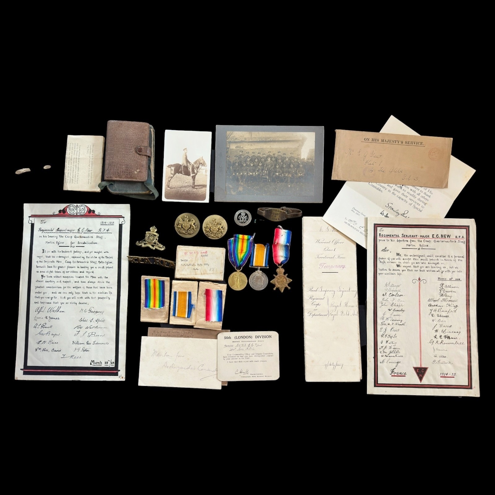WW1 ROYAL ARTILLERY MEDAL TRIO RSM E G NEW ARCHIVE WARRANT NOTEBOOK PHOTOS