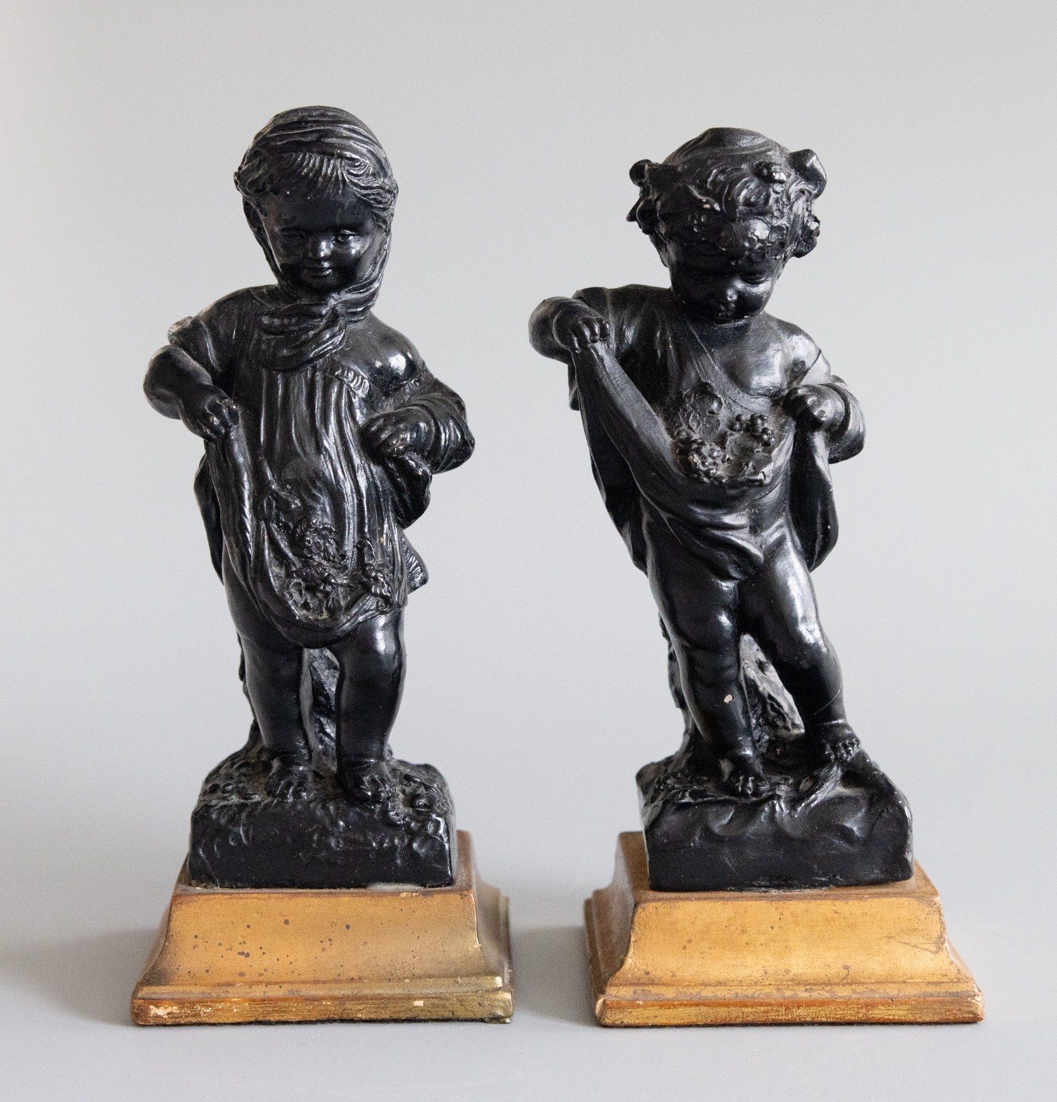 Set of Two Italian Borghese Black & Gold Plaster Cherubs Putti Figurines c. 1930 Set of Two Italian Borghese Black & Gold Plaster Cherubs Putti Figurines c. 1930