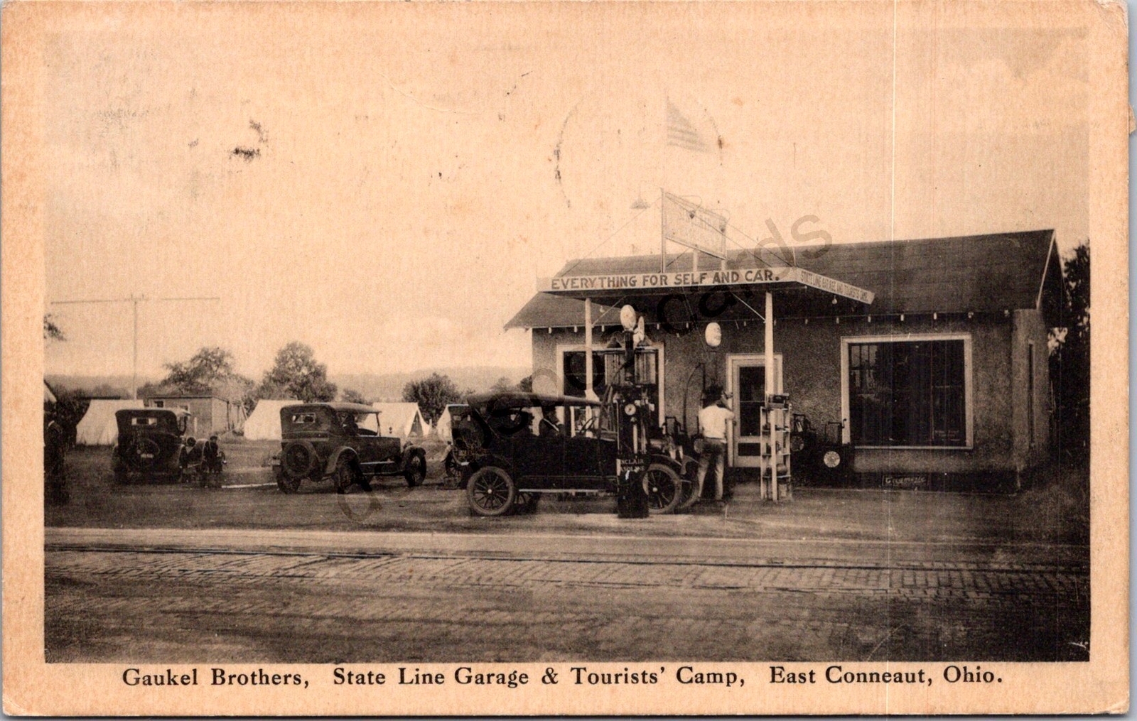 K11/ East Conneaut Ohio Postcard c1910 Gaukel Brothers Gas Station 134