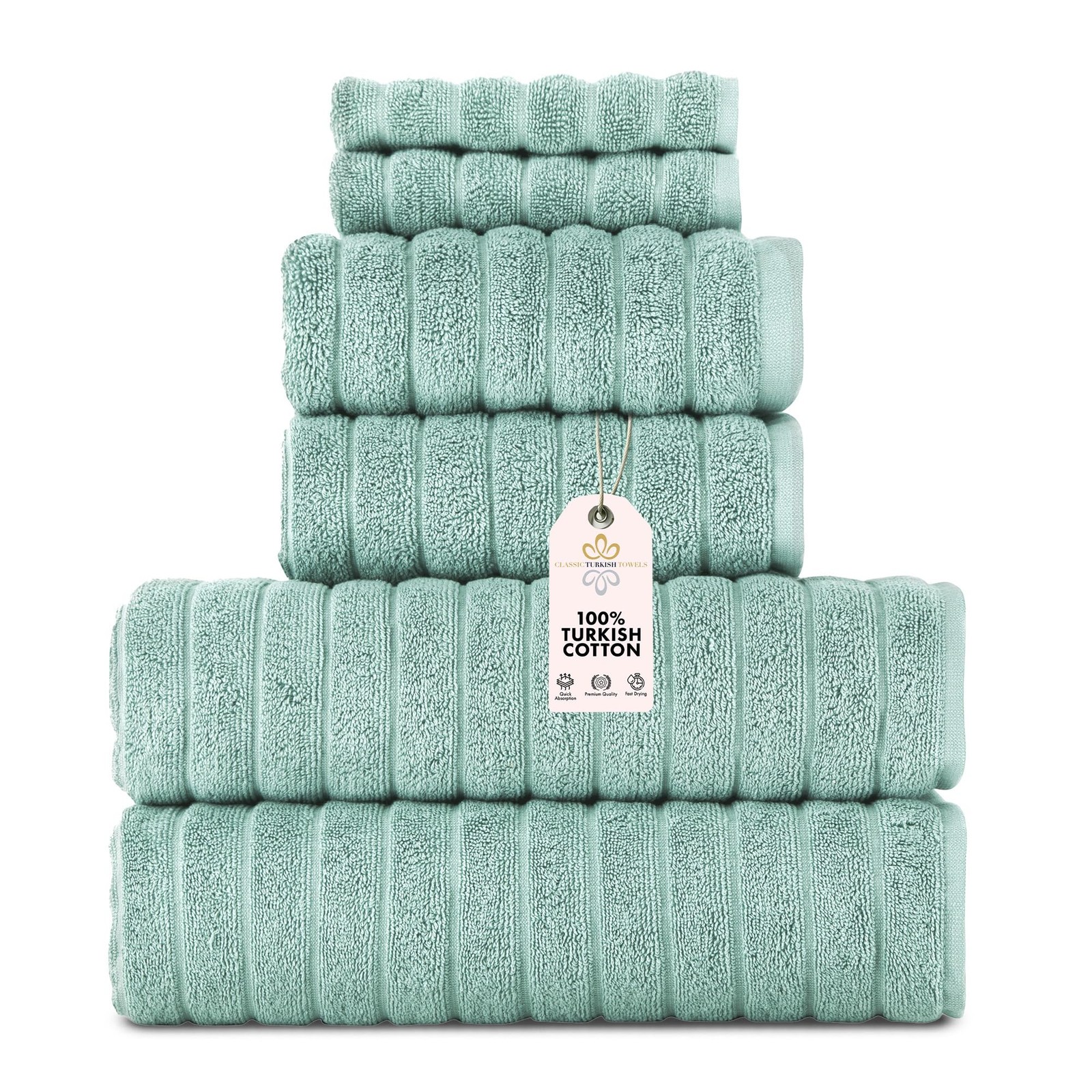 Classic Turkish Towels CTT 6-Piece Towel Set, 100% Cotton, Quick-Dry, Spa Green