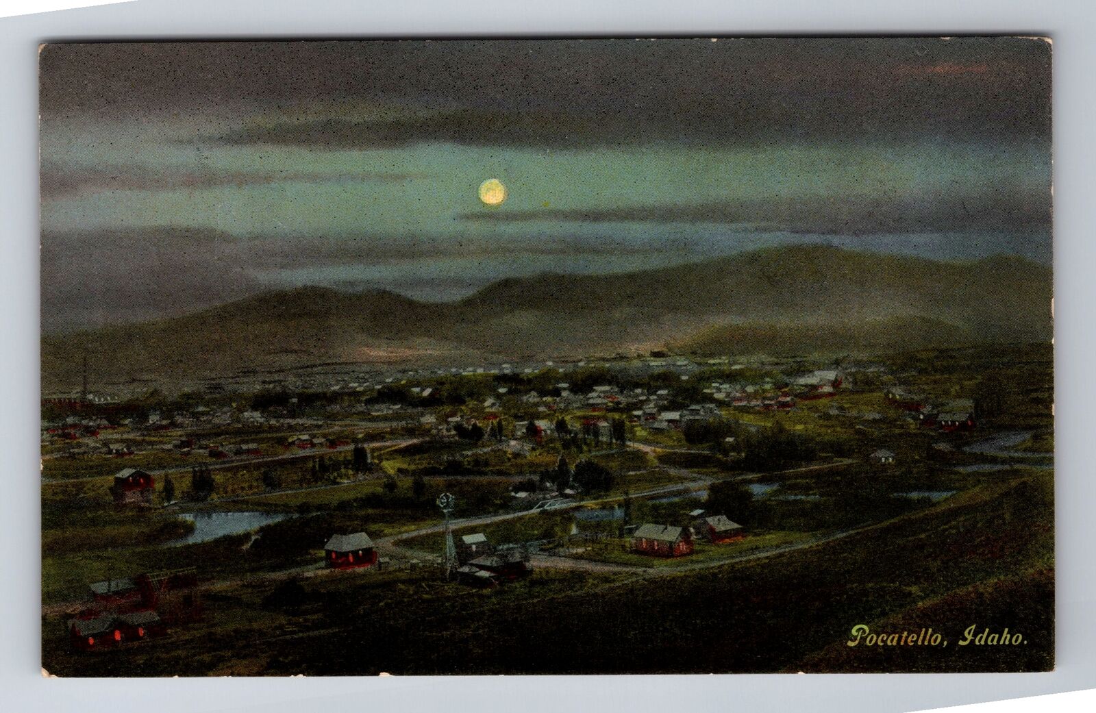 Pocatello ID-Idaho, Scenic View Overlooking Town Moon, Vintage Postcard