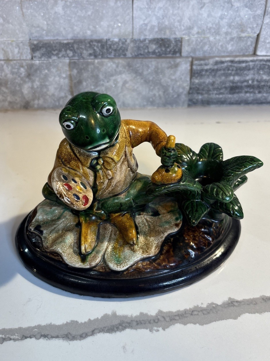 EUC Vintage Ceramic Painting Artist Frog Candleholder Majolica Styling