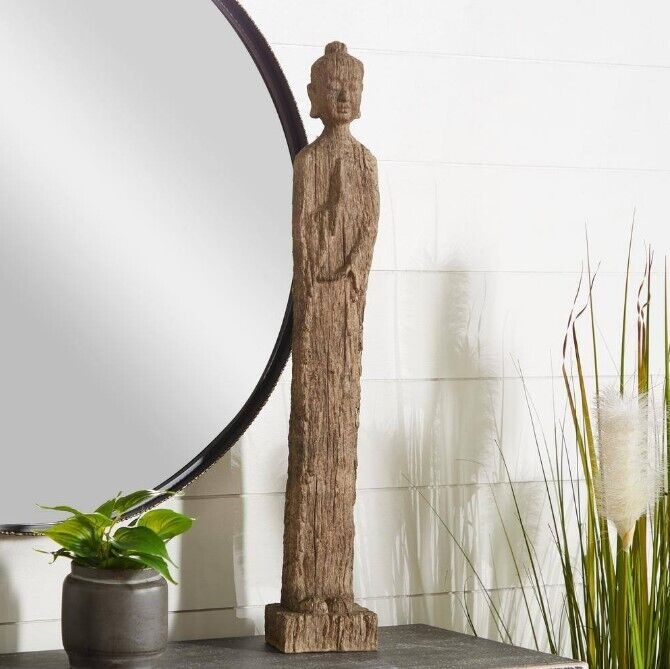 Tall Standing Carved Buddha Sculpture Rustic Figurine Statue On Base ~ 32\