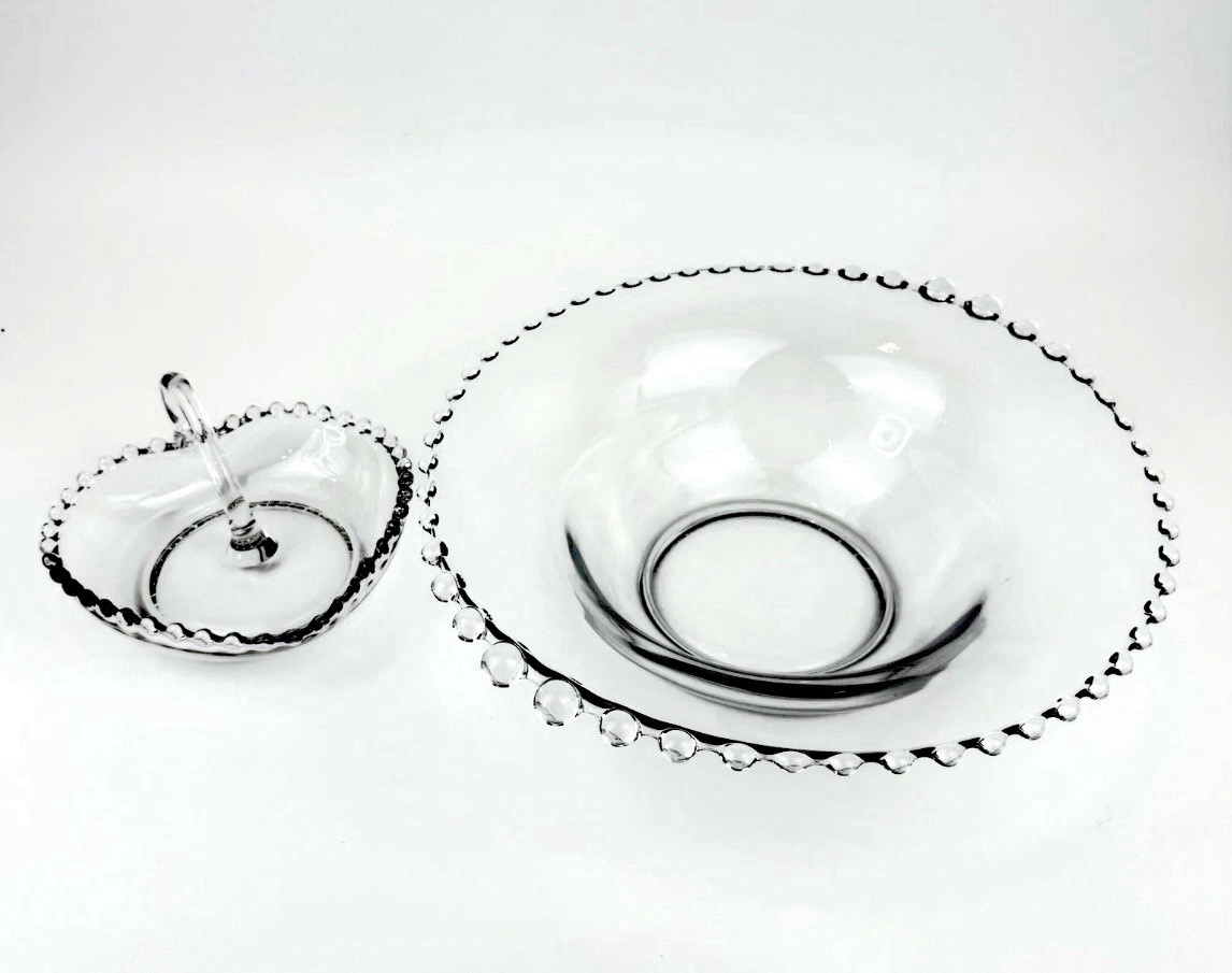VTG Imperial Crystal Candlewick 2-Pc Set 6in Heart Relish Dish & 12in Bowl