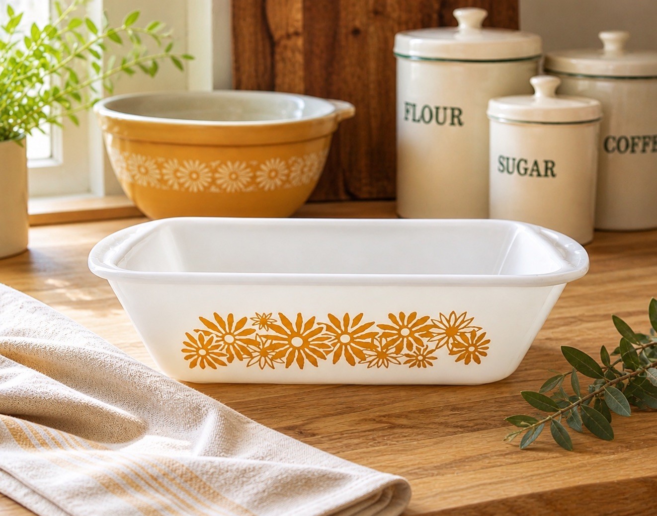 Vintage Yellow Daisy Baking Dish 1.5 Quart Milk Glass Glasbake USA EUC