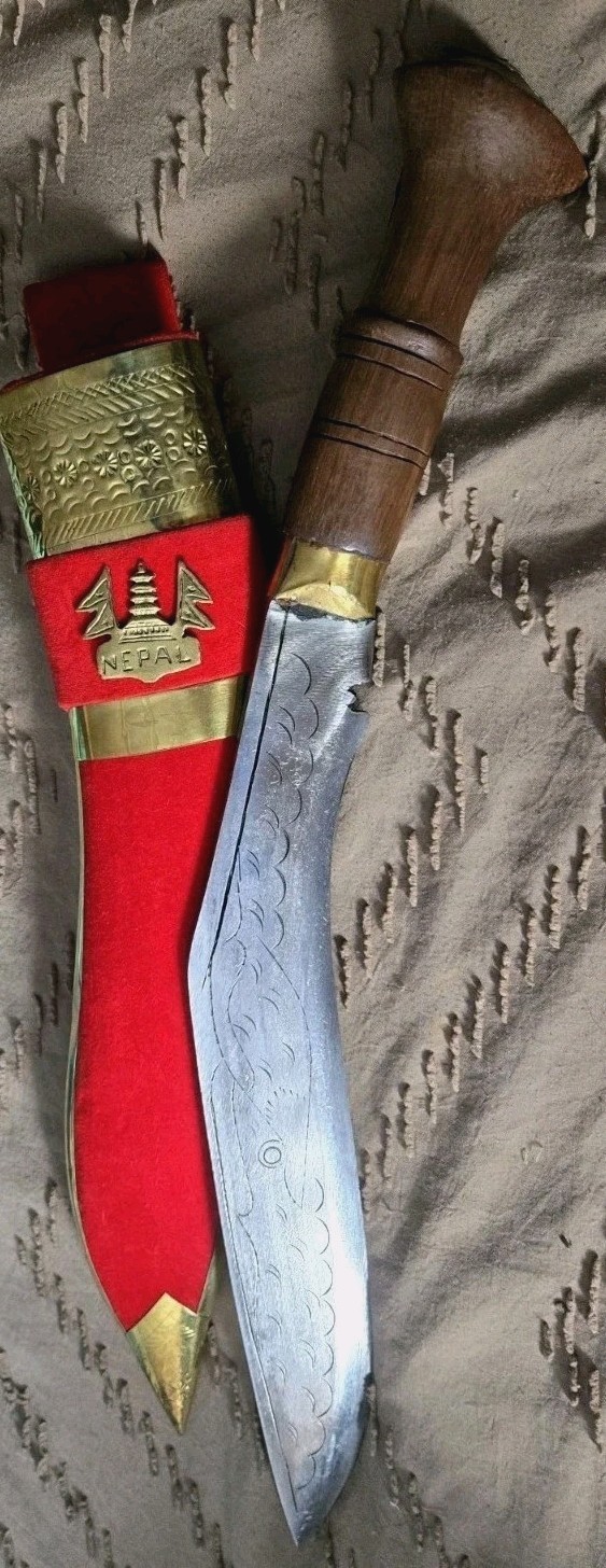 Vtg Nepalese Gurkha Kukri Knife Red Velvet Brass Scabbard Pagoda Nepal NOS Gift