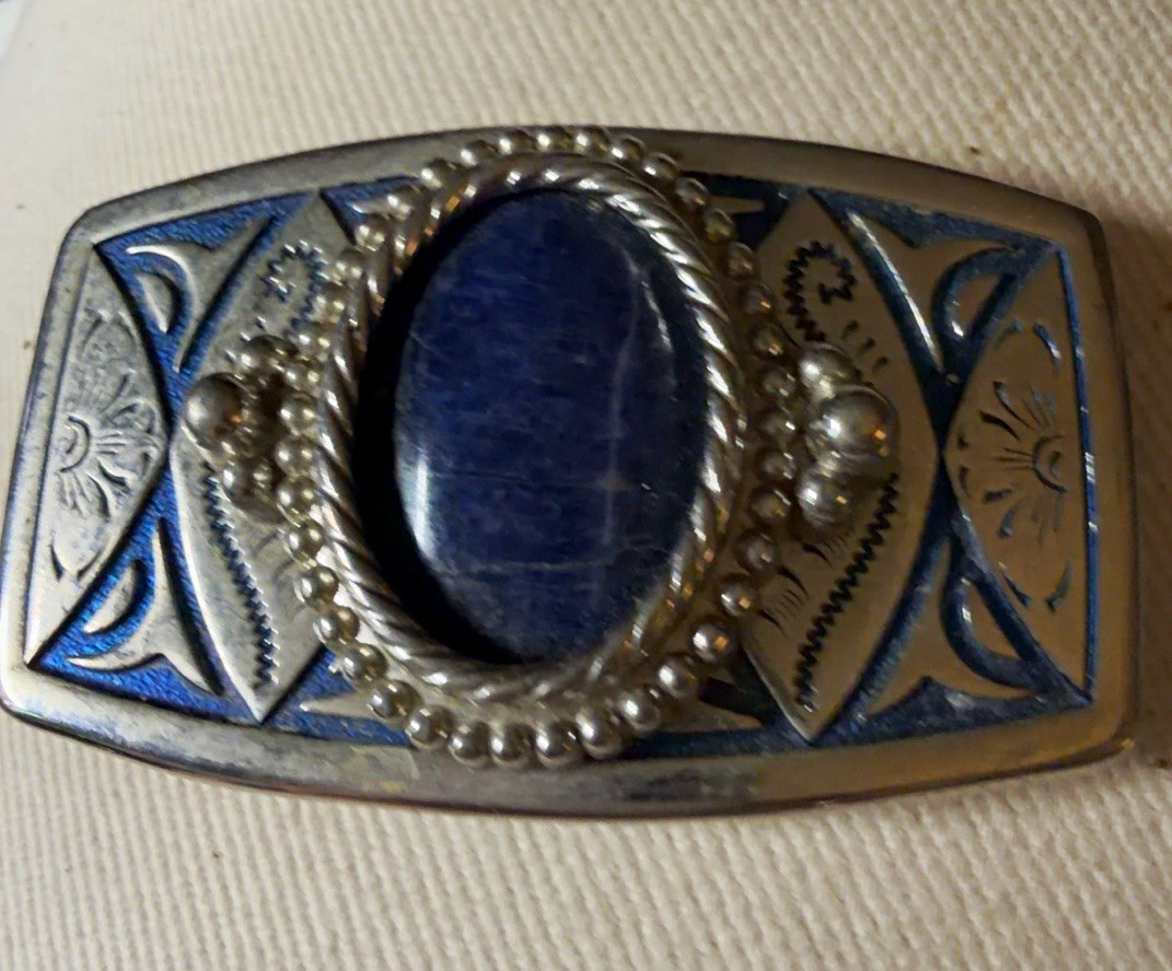 Vintage Blue Stone Belt Buckle Silver Tone Southwestern Western 3.25”