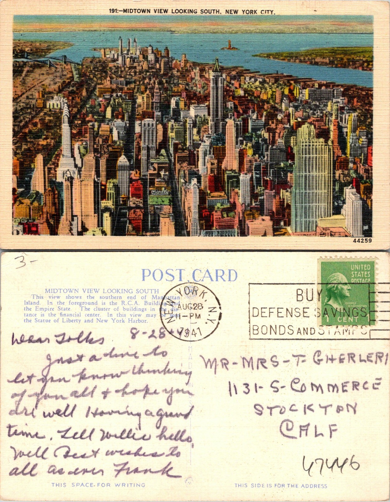 Midtown View Looking South NY Postcard used 47446