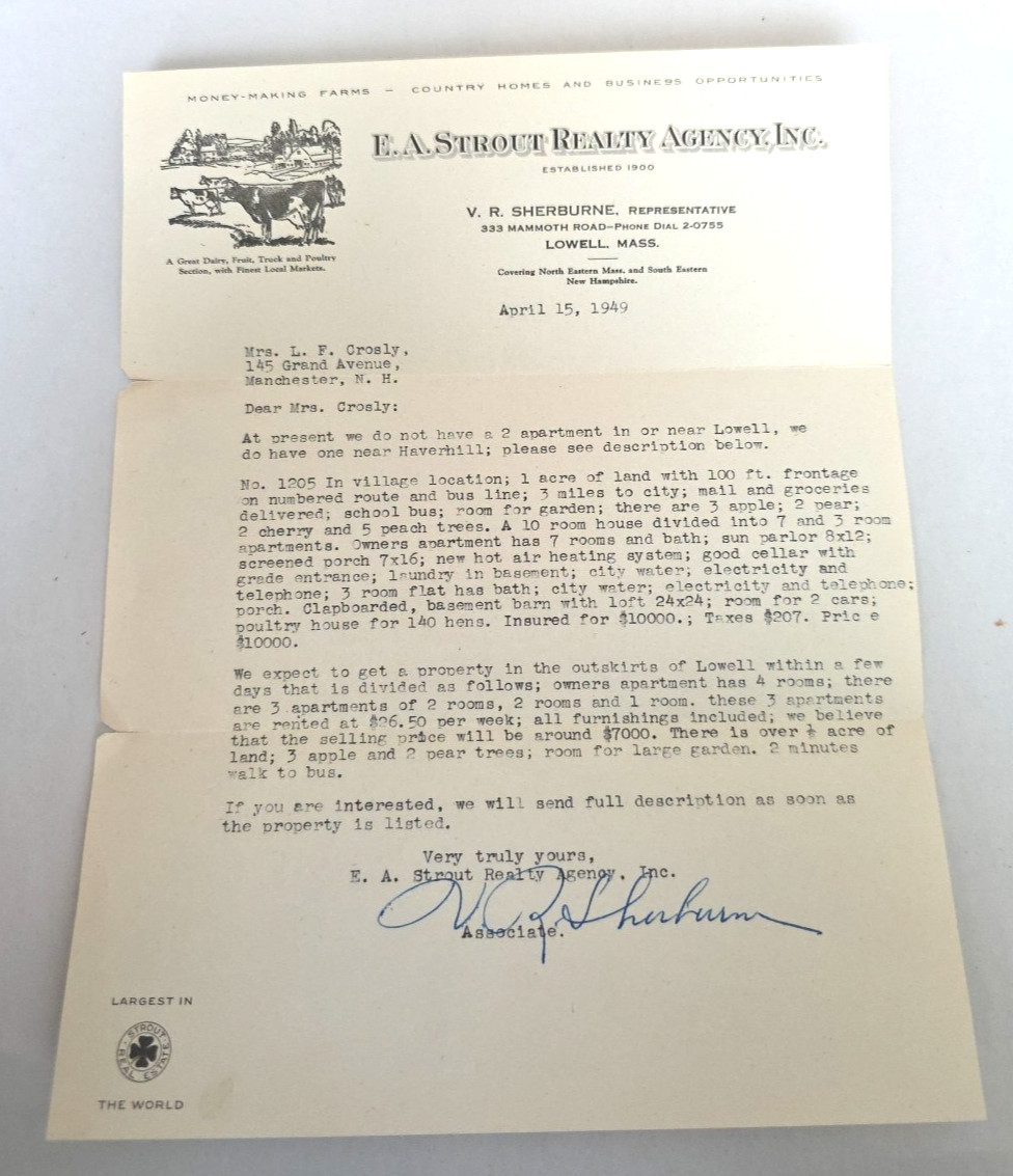 Vintage 1949 F.A. Strout Real Estate Letterhead Lowell, MA Vintage 1949 F.A. Strout Real Estate Letterhead Lowell, MA