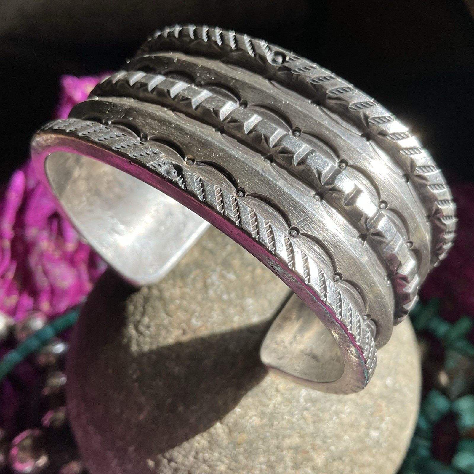 1920s Repro Heavy Wide Ingot Filed Chiseled Coin Silver Big Mens Cuff Bracelet