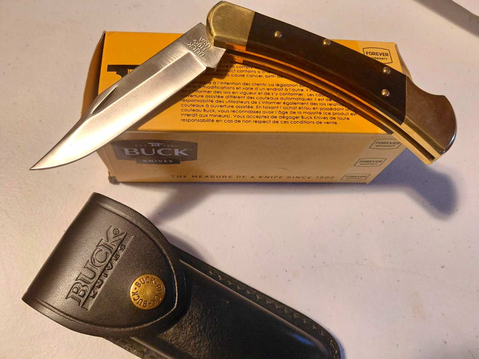 Buck 110 Folding Hunter Black/Brass Lockback Knife w/ Sheath Box 