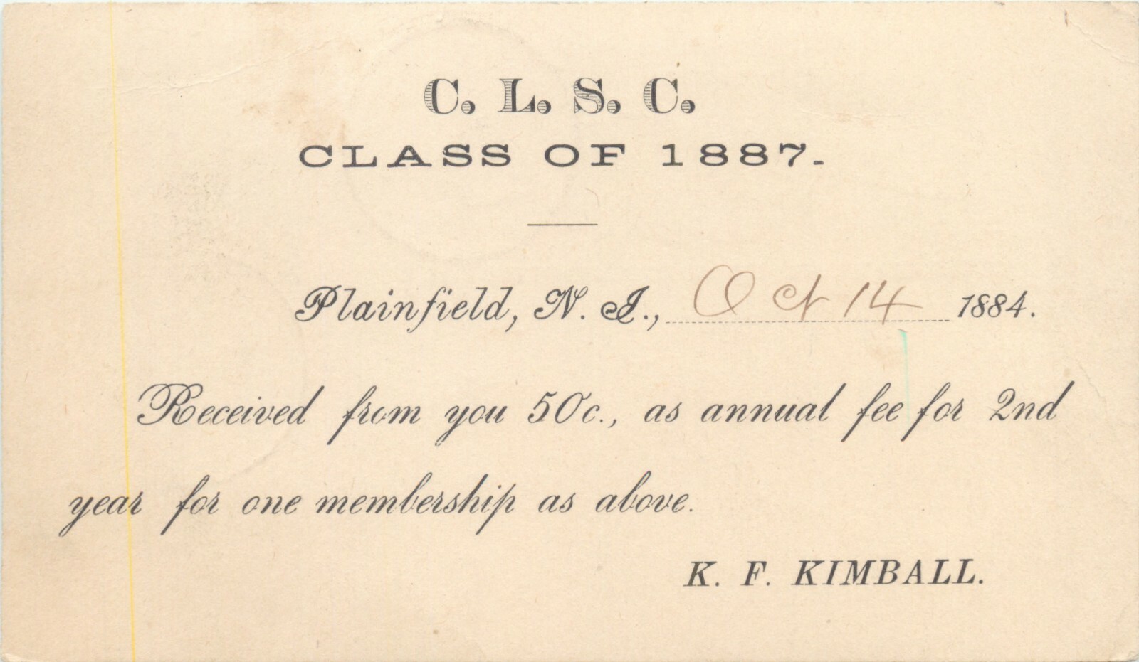 C.L.S.C. Class of 1887,  Membership Fee, Plainfield, New Jersey NJ 1884
