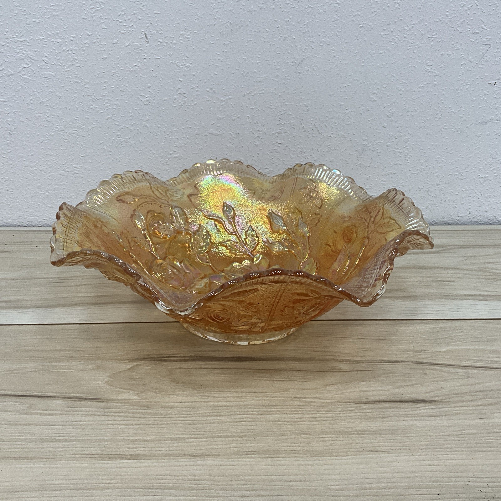 VTG Imperial Iridescent Carnival Glass Gold Open Rose Fruit Bowl 10 3/4
