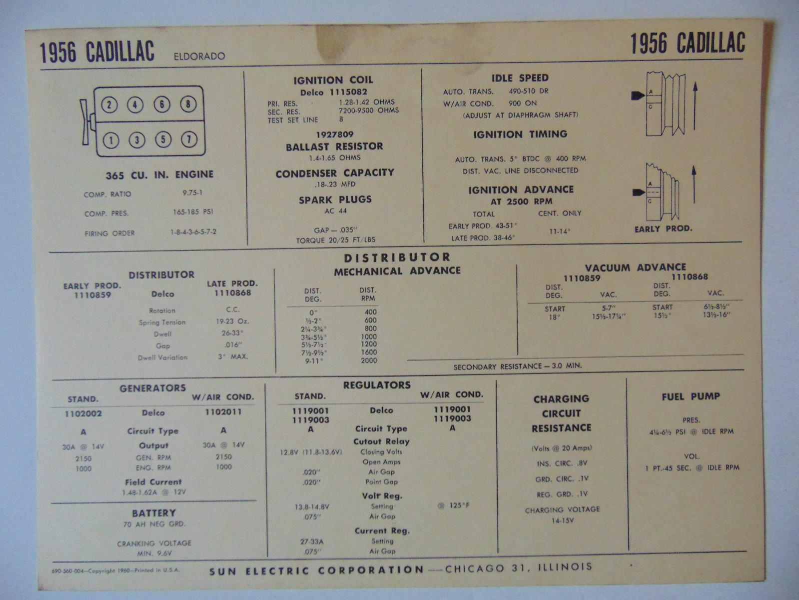 Sun Electric Corp 1956 Cadillac Eldorado Tune-Up Card