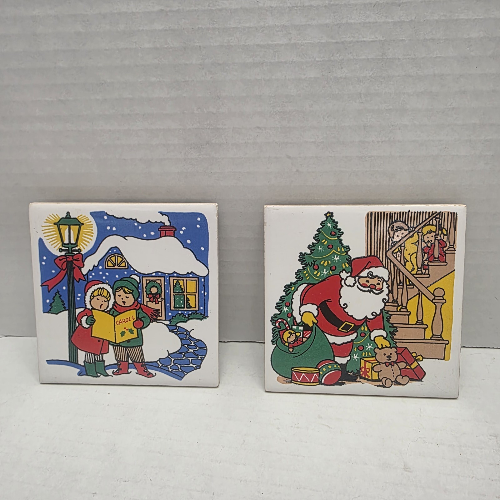 Vintage 1982 JSNY Christmas Ceramic Tiles Set Lot 2 Santa Claus Carol\'s Taiwan