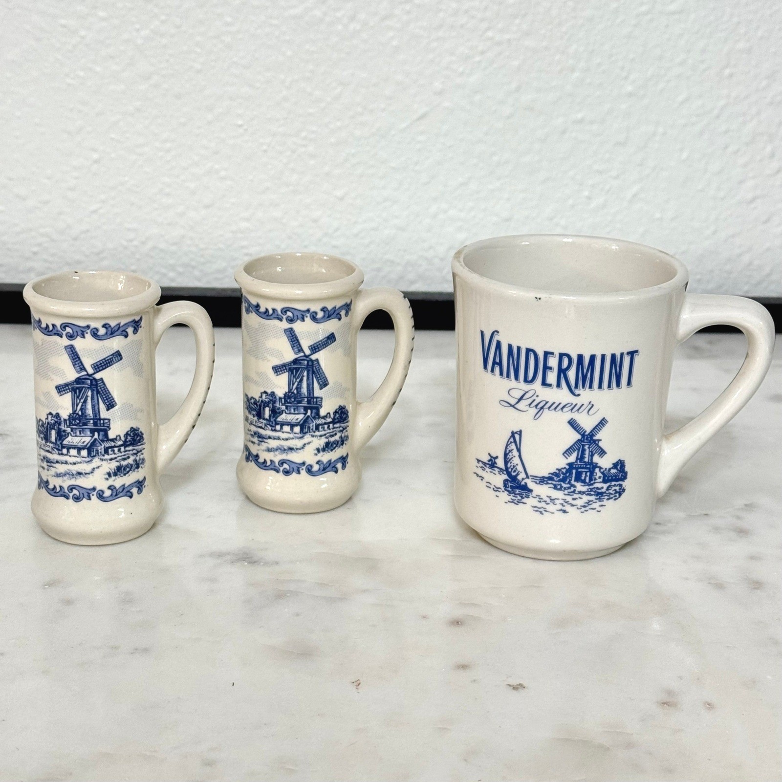 Vintage Vandermint Liqueur Dutch Coffee Mug & Mini Windmill Shot Glasses Set