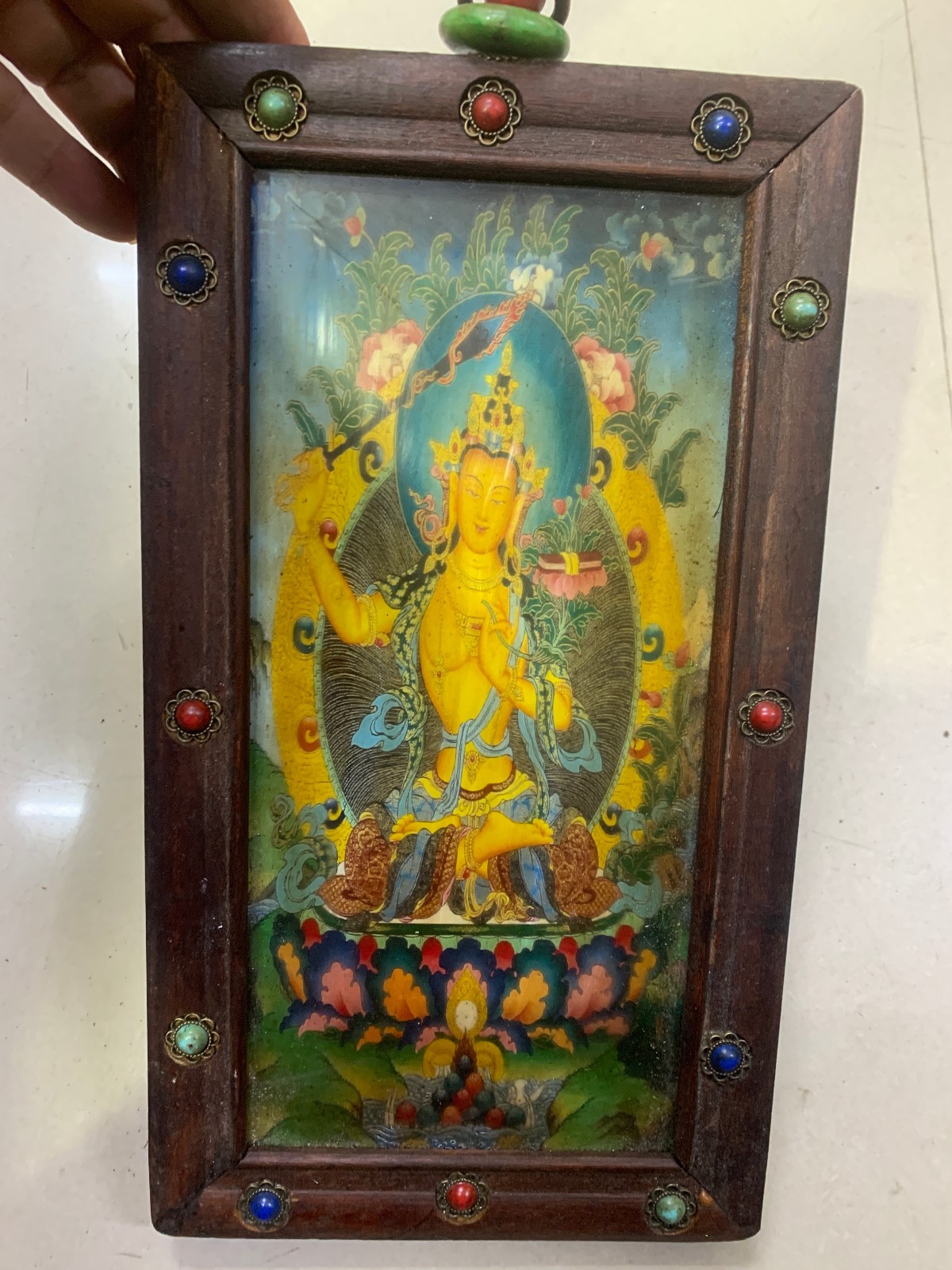 11.2” Wonderful Hand Made Tibetan Old Wood-Framed Thangka,Manjusri Bodhisattva