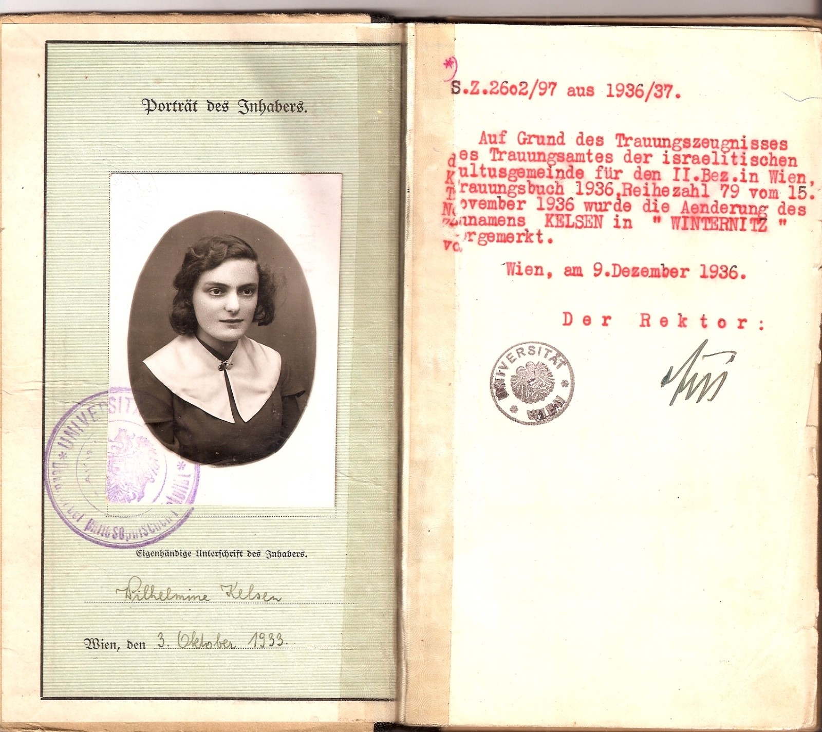 University of Vienna Wilma KELSEN WINTERNITZ CRIGER 1933 to 1938 Booklet