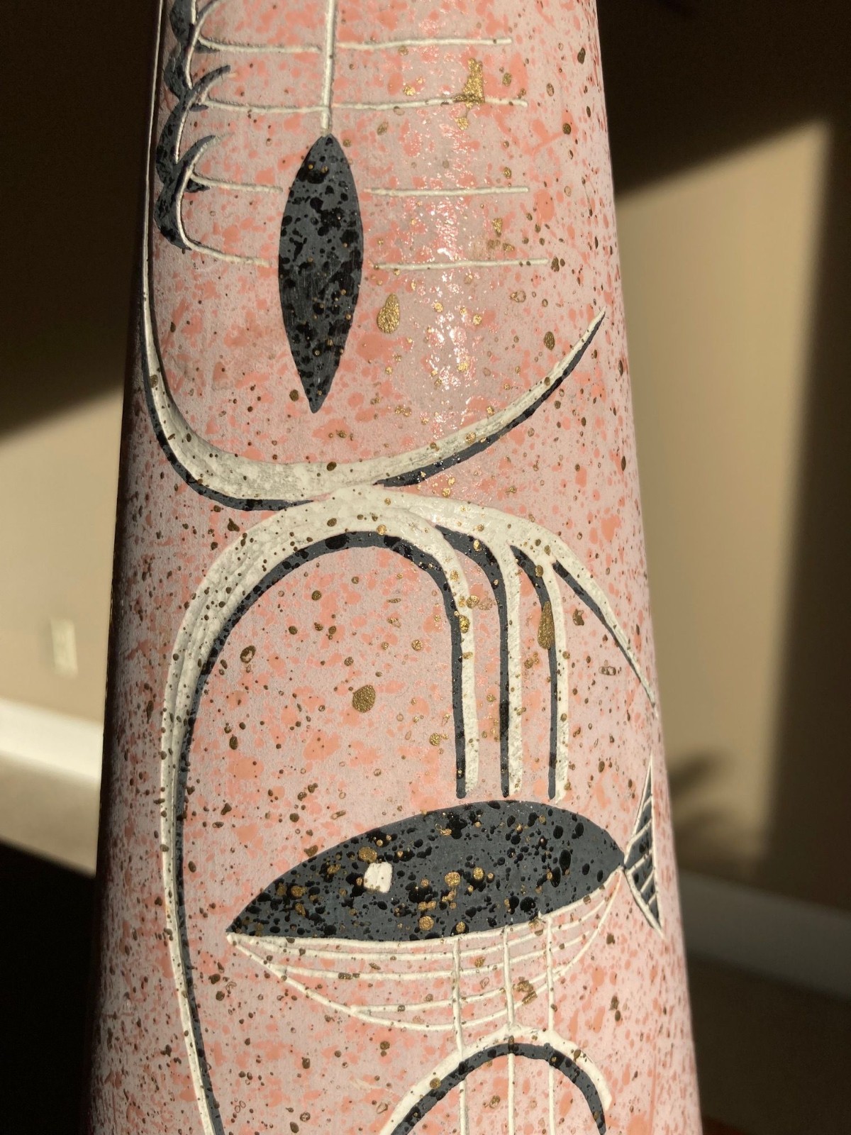 Vintage 50s MCM Tye of Cali Ceramic Atomic Fish Lamp - Signed - Coral/Gold/Black