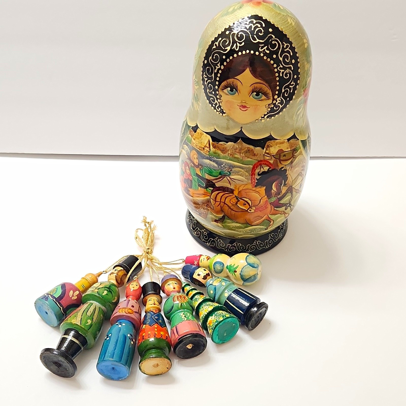 Handmade Russian Hand-Painted Matryoshka Nesting Doll w/ Wood Ornaments