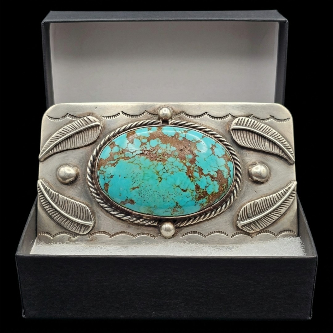 Vtg Navajo Old Pawn Turquoise Belt Buckle Heavy Solid Silver 93g Royston Rare A+