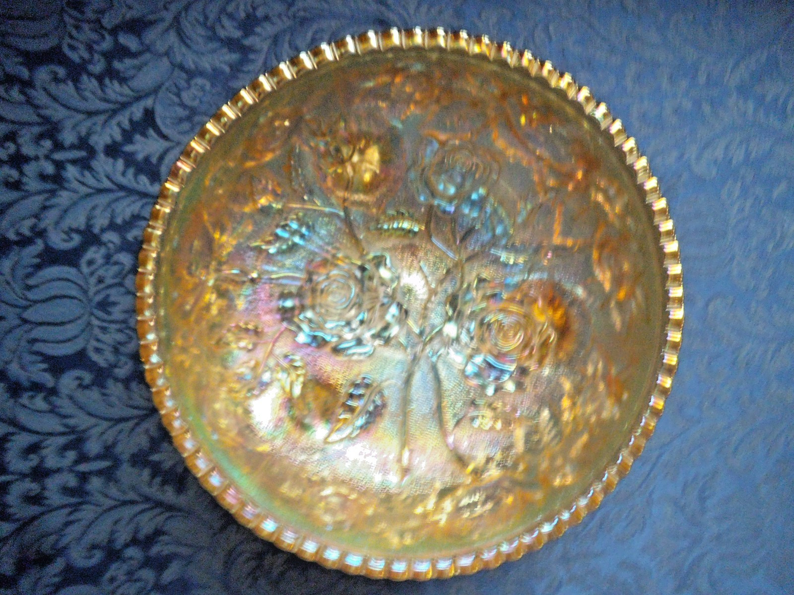 VTG IMPERIAL CARNIVAL GLASS OPEN ROSE LUSTRE MARIGOLD 3-TOED 7 ½” BOWL ~ EUC