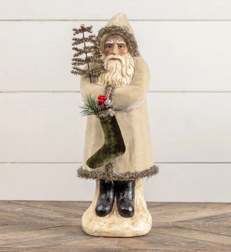 Primitive Oatmeal Velvet Belsnickle Santa Claus Figure Paper Mache 16.5